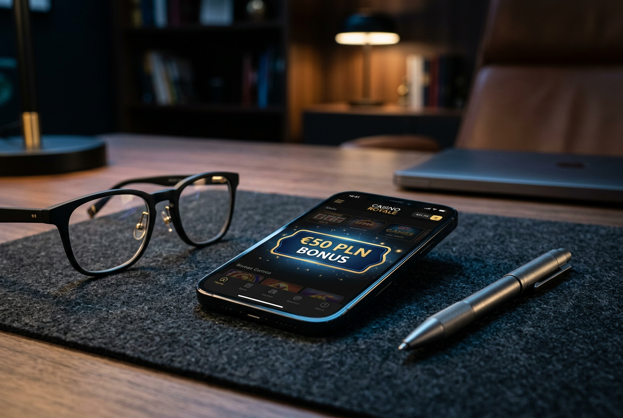 Smartfon z aplikacją kasynową i bonusem na eleganckim biurku.