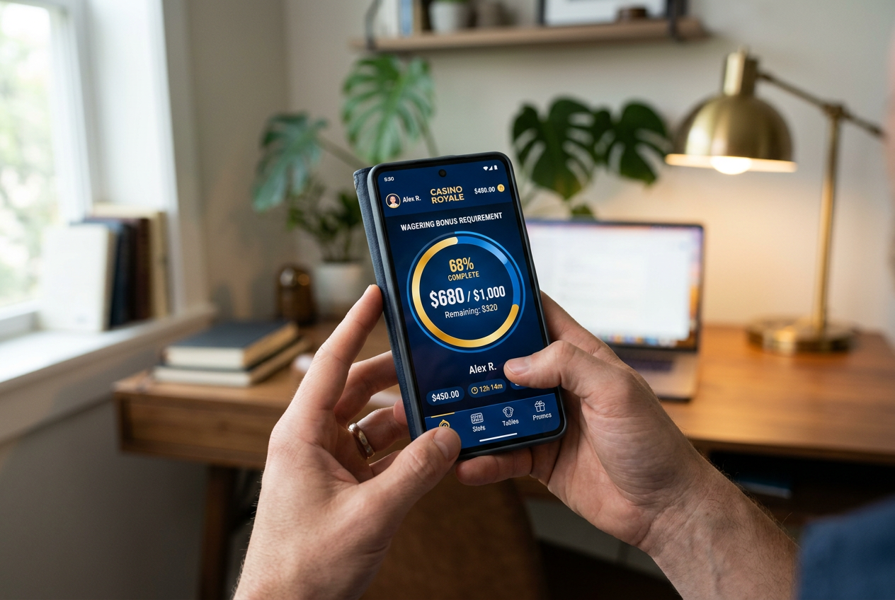 Person holding a smartphone showing a circular progress bar for bonus wagering.